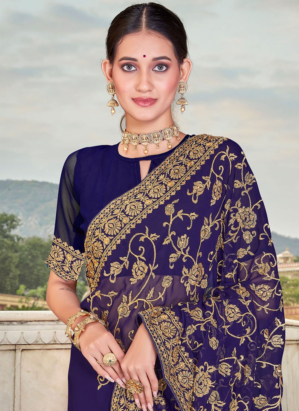 Contemporary Georgette Purple Embroidered Saree