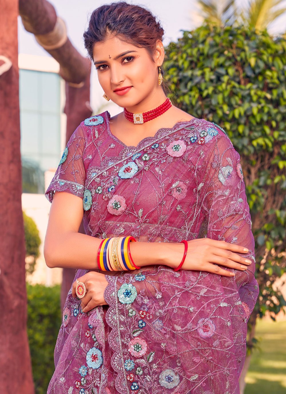 Contemporary Net Purple Booti Saree