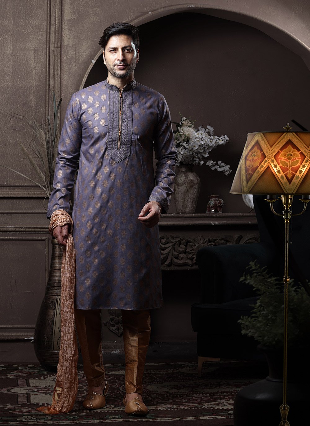 Kurta Pyjama Cotton Purple Print Mens