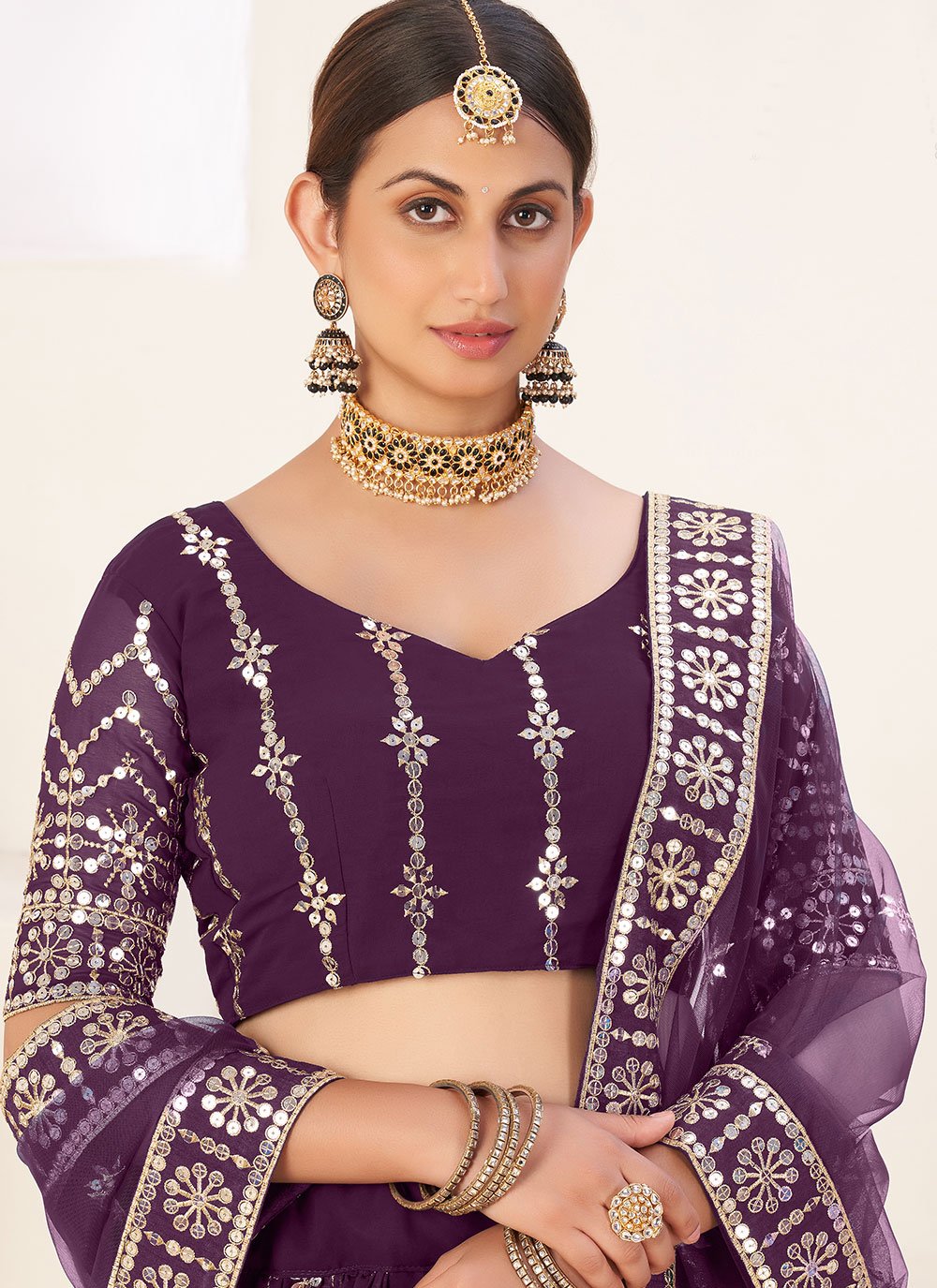 Lehenga Choli Faux Georgette Purple Embroidered Lehenga Choli