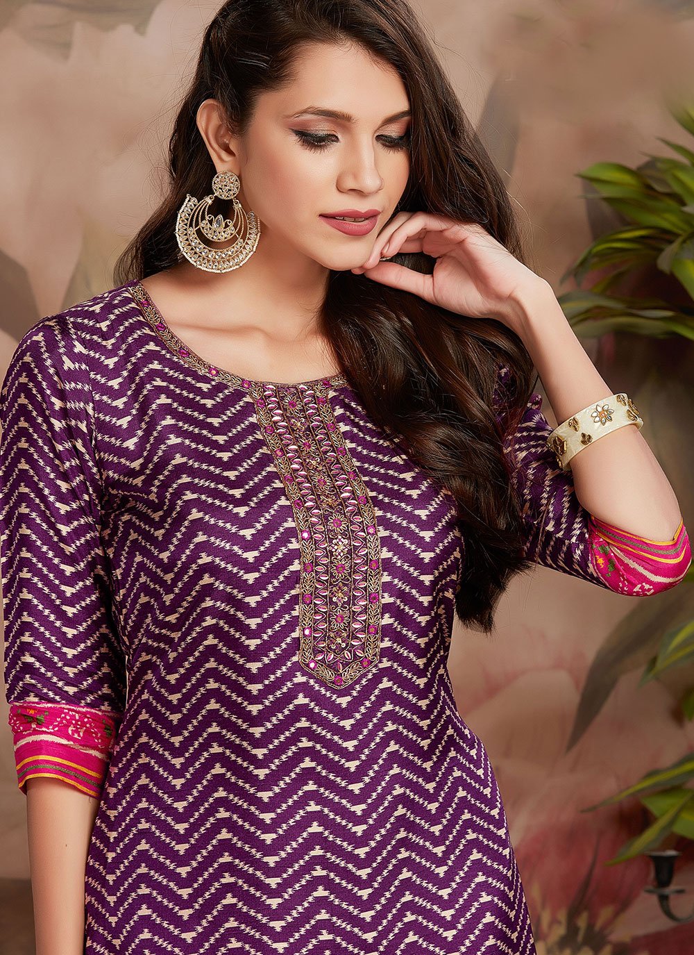 Party Wear Kurti Silk Purple Digital Print Kurtis