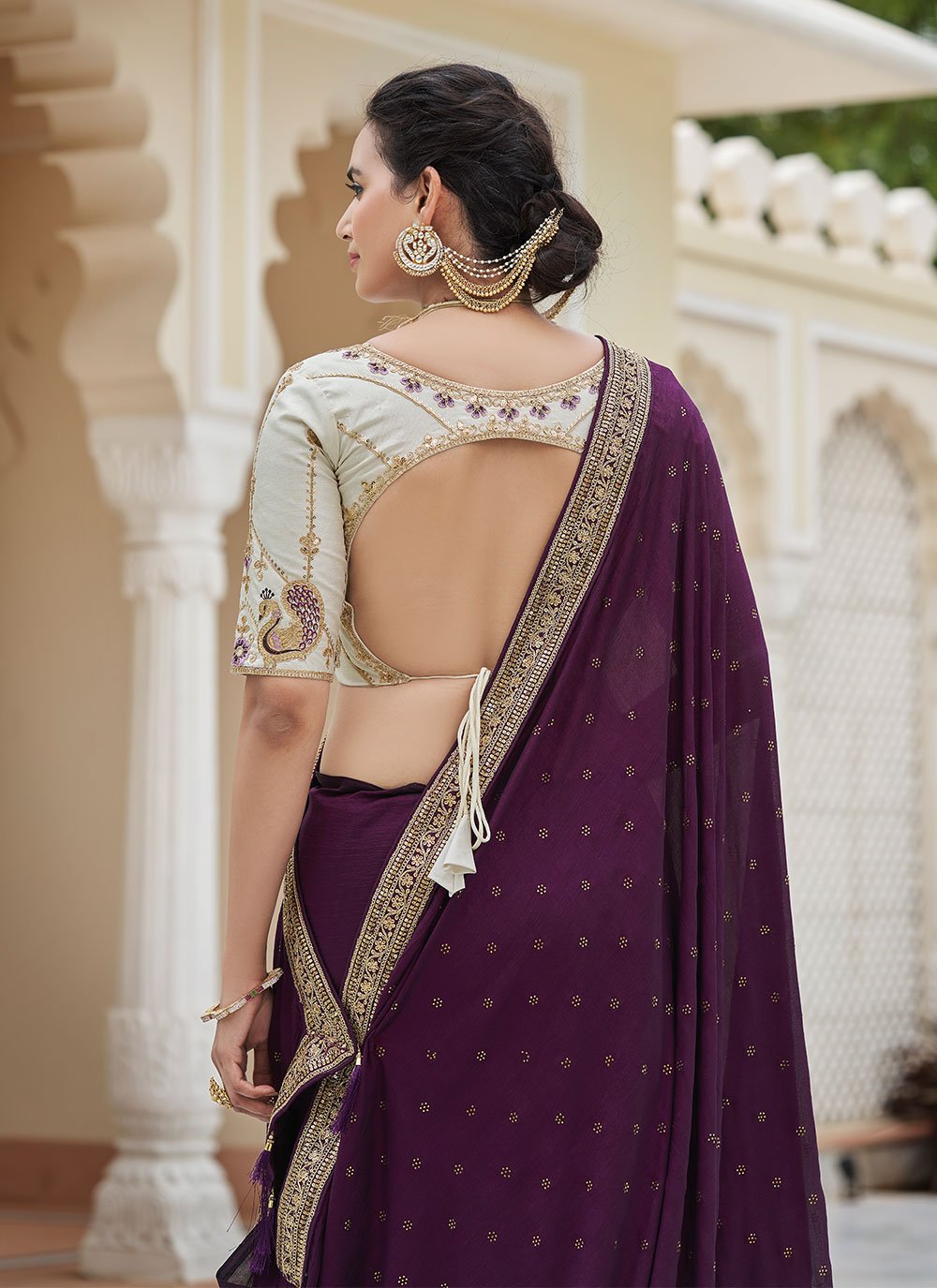 Contemporary Vichitra Silk Purple Dori Work Saree