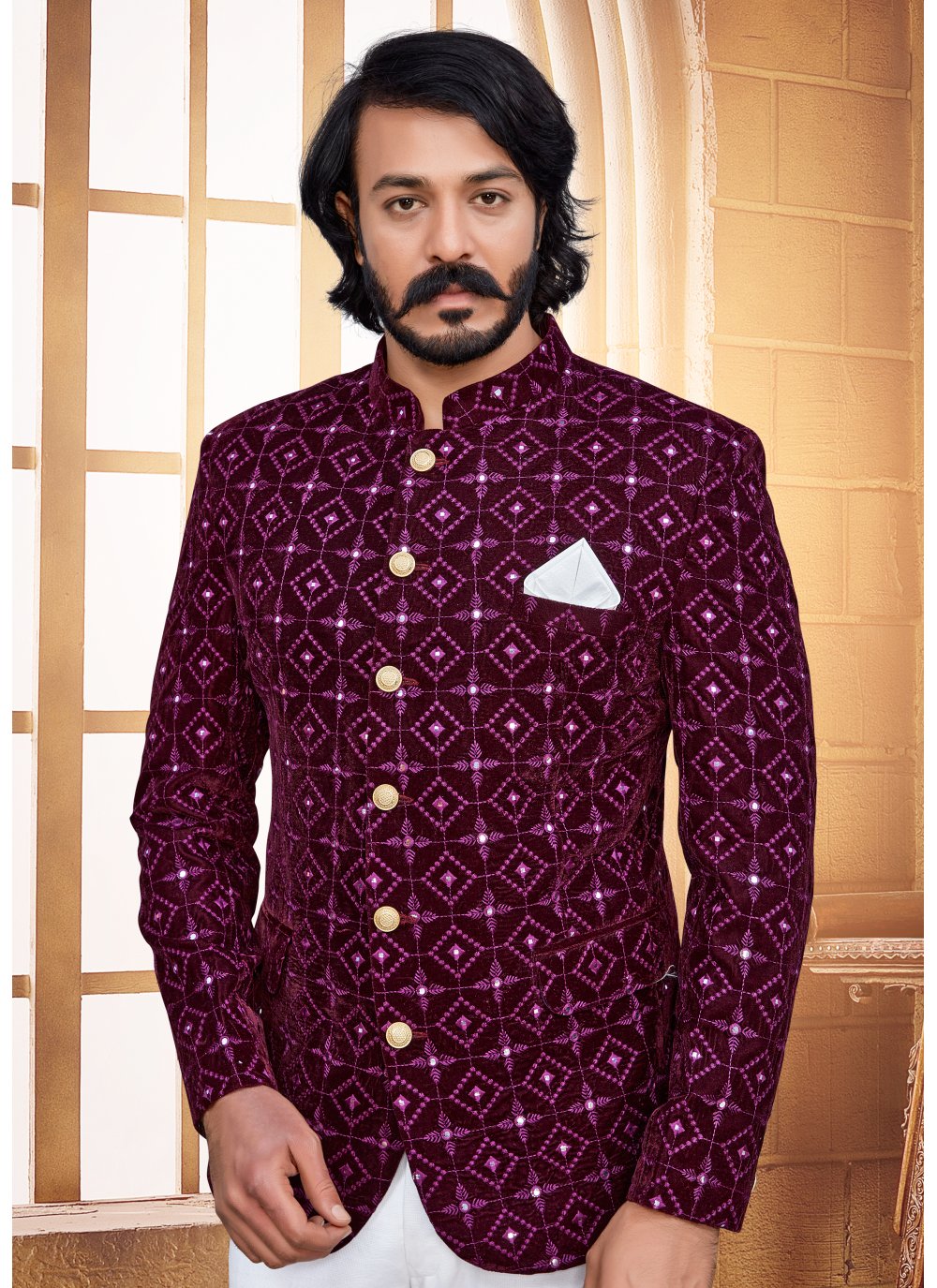 Jodhpuri Suit Velvet Purple Embroidered Mens