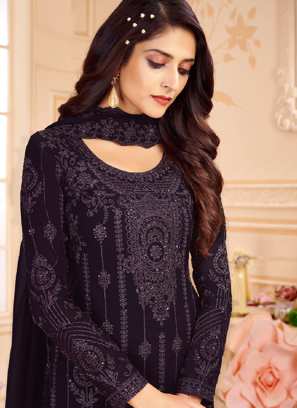 Salwar Suit Faux Georgette Purple Embroidered Salwar Kameez