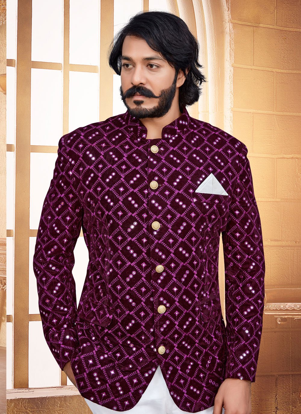 Jodhpuri Suit Velvet Purple Embroidered Mens