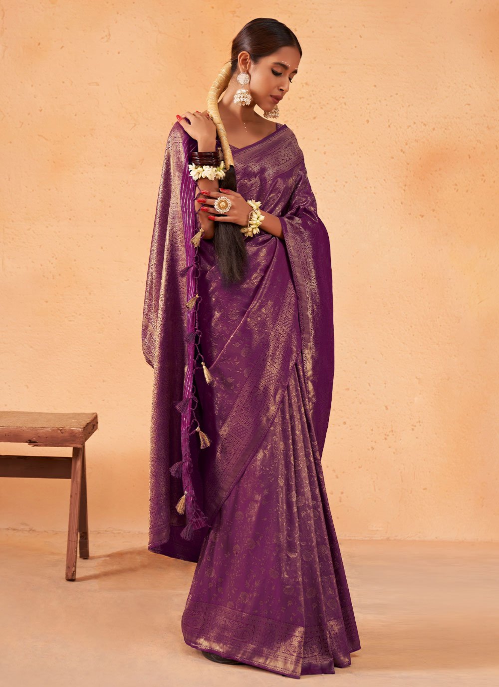 Contemporary Kanjivaram Silk Purple Weaving Saree