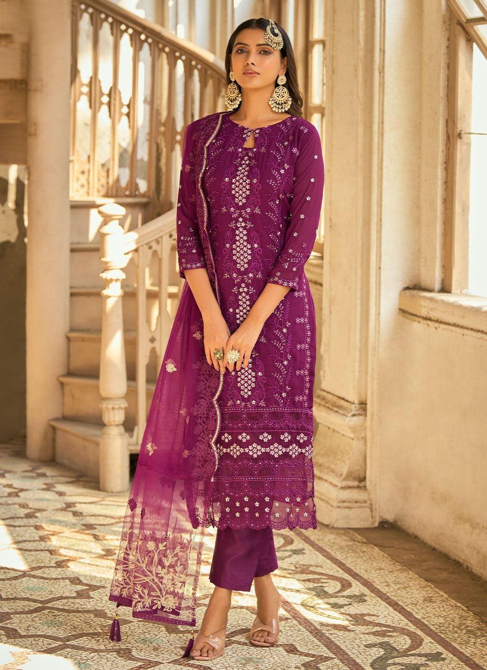 Salwar Suit Faux Georgette Purple Embroidered Salwar Kameez