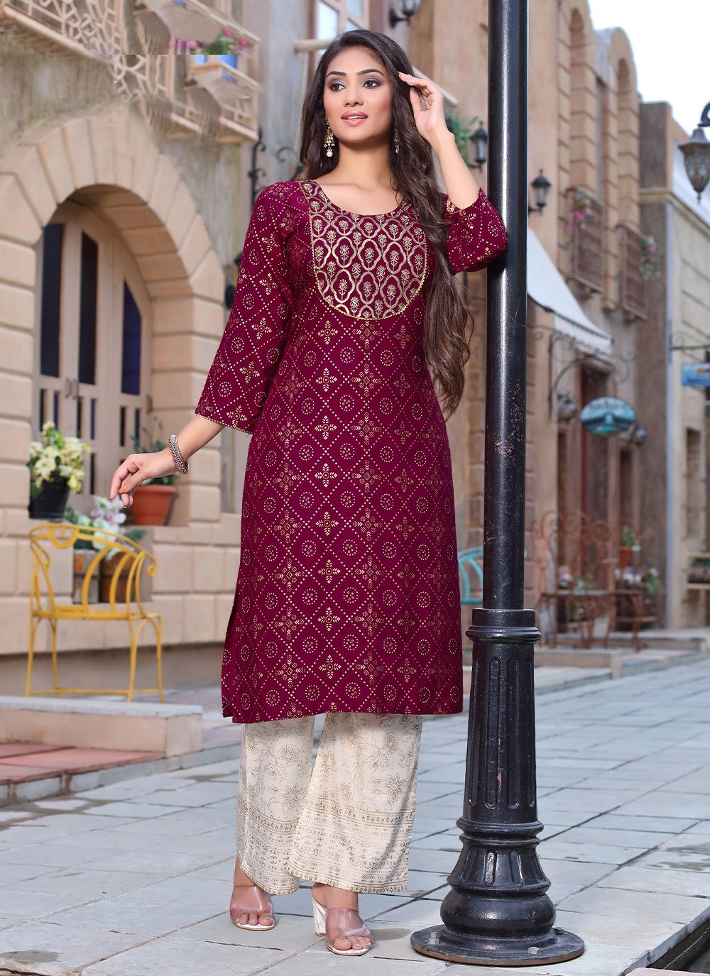 Designer Kurti Rayon Purple Foil Print Kurtis