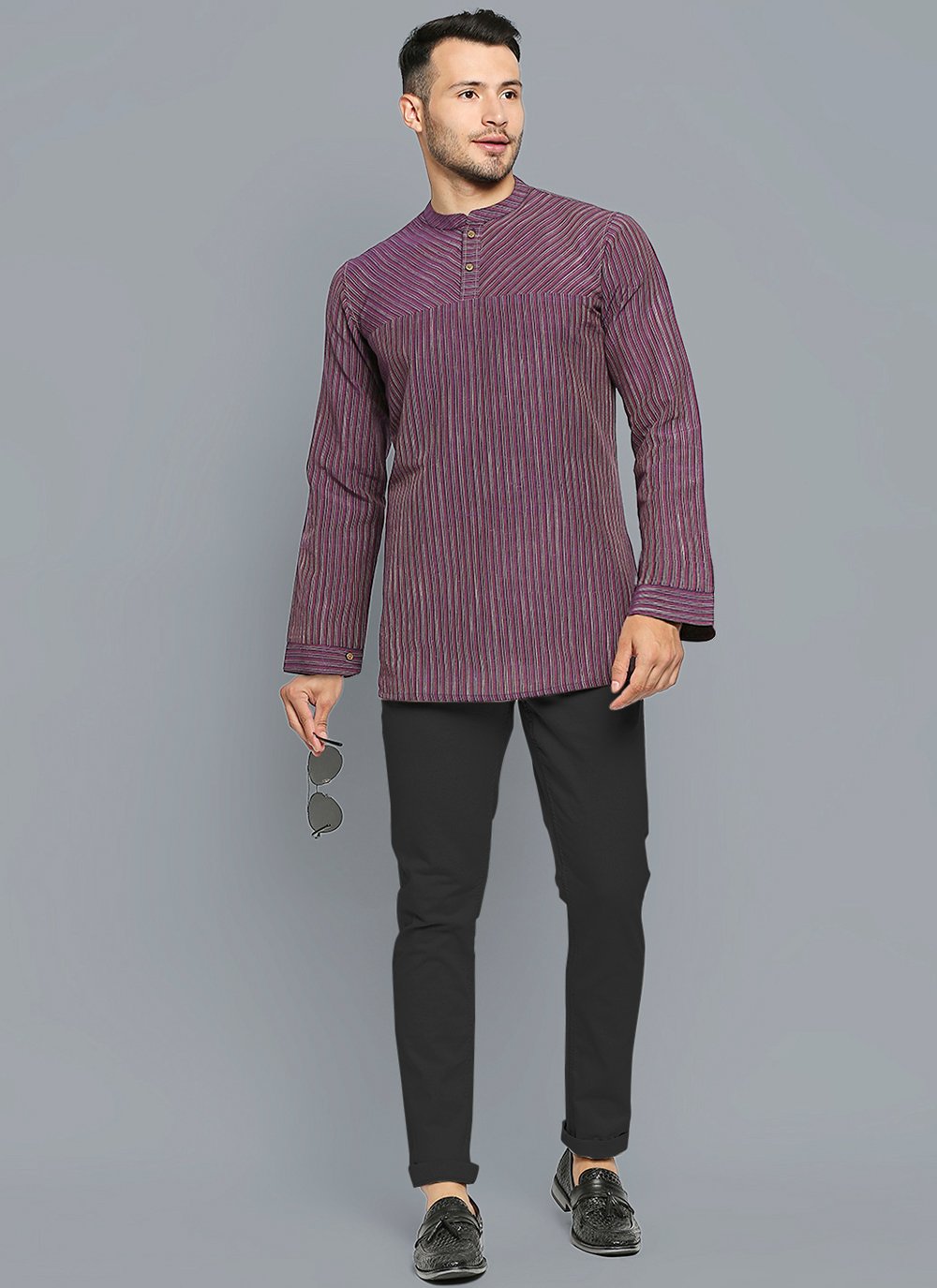 Short Kurta Blended Cotton Purple Fancy Work Mens