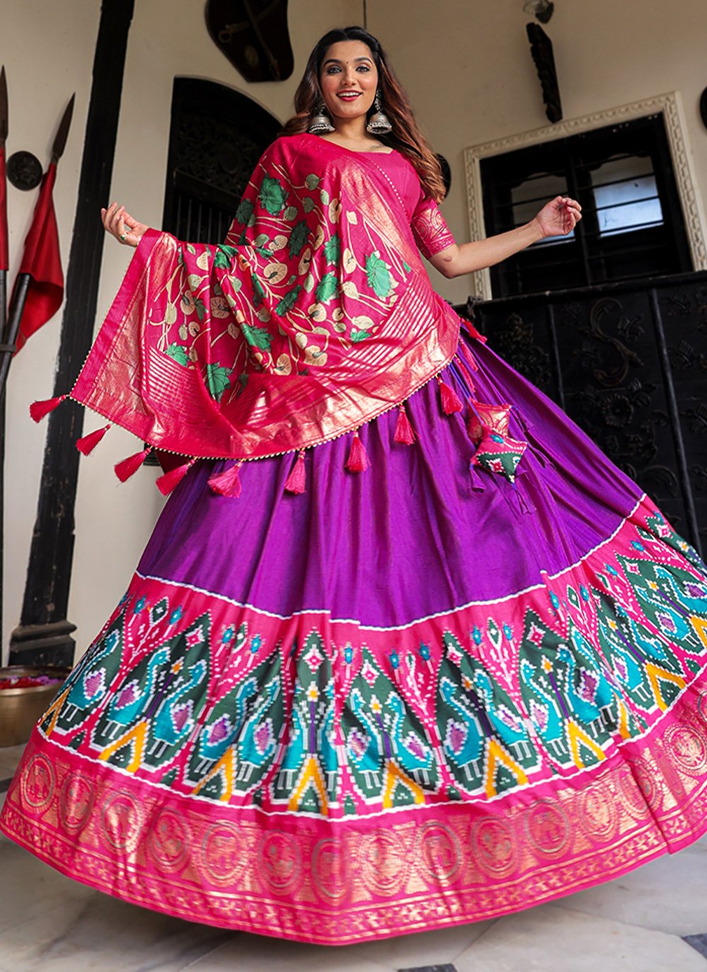 A Line Lehenga Silk Purple Foil Print Lehenga Choli