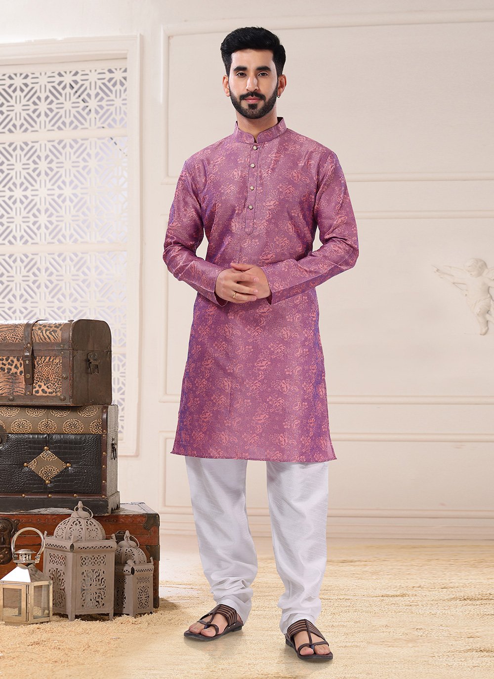 Kurta Pyjama Jacquard Purple Fancy Work Mens