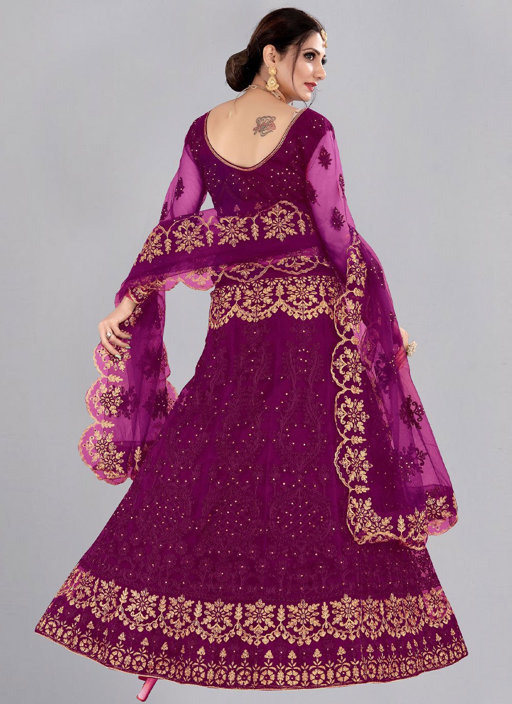 A Line Lehenga Net Purple Embroidered Lehenga Choli