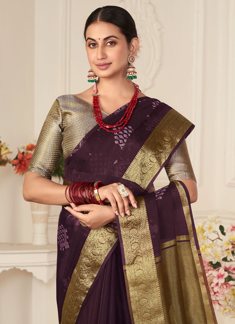 Classic Organza Purple Embroidered Saree