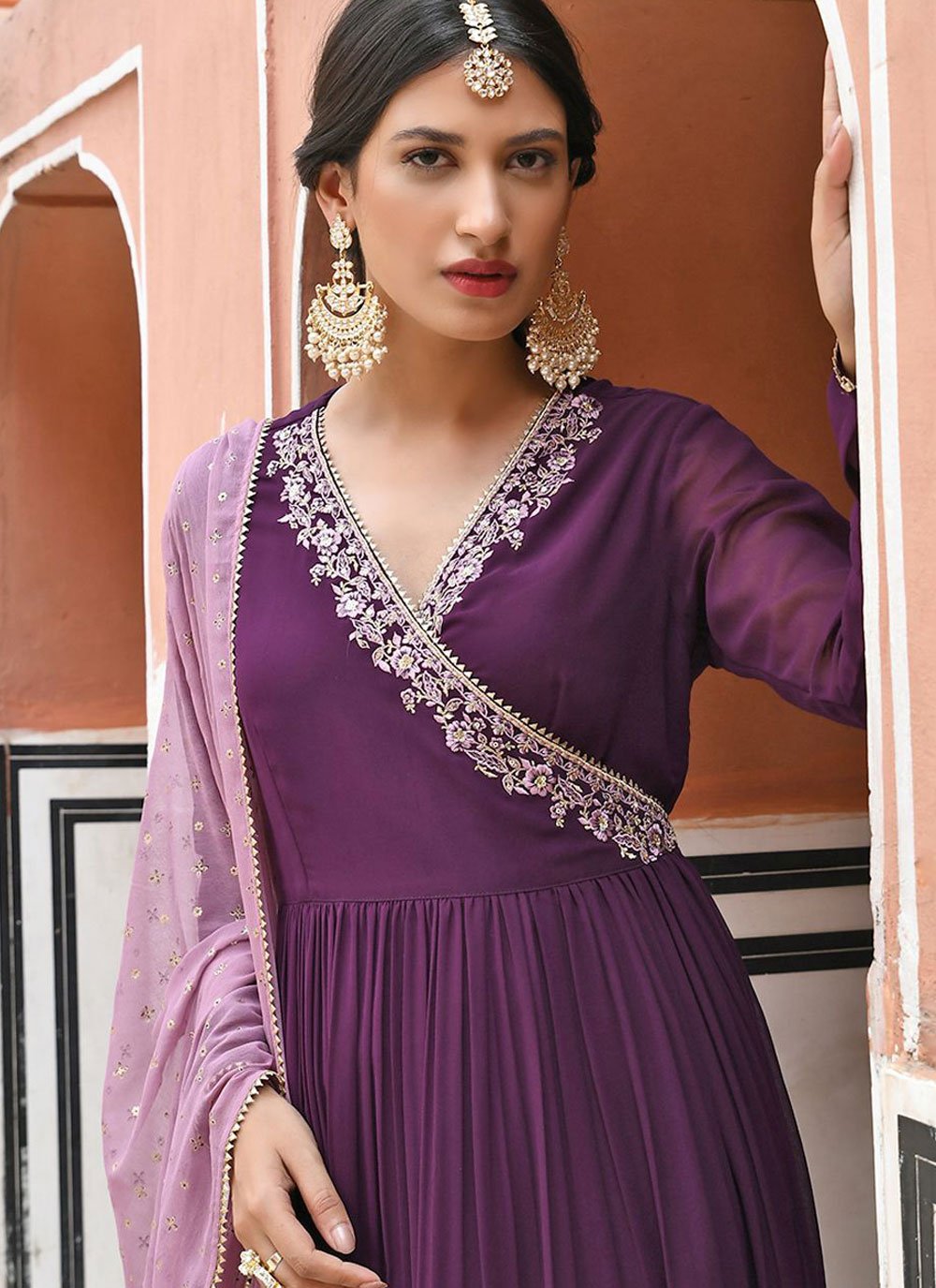 Gown Georgette Purple Embroidered Gown