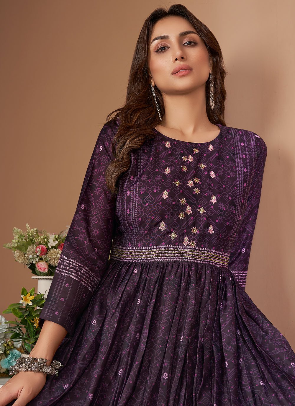 Party Wear Kurti Muslin Viscose Purple Embroidered Kurtis