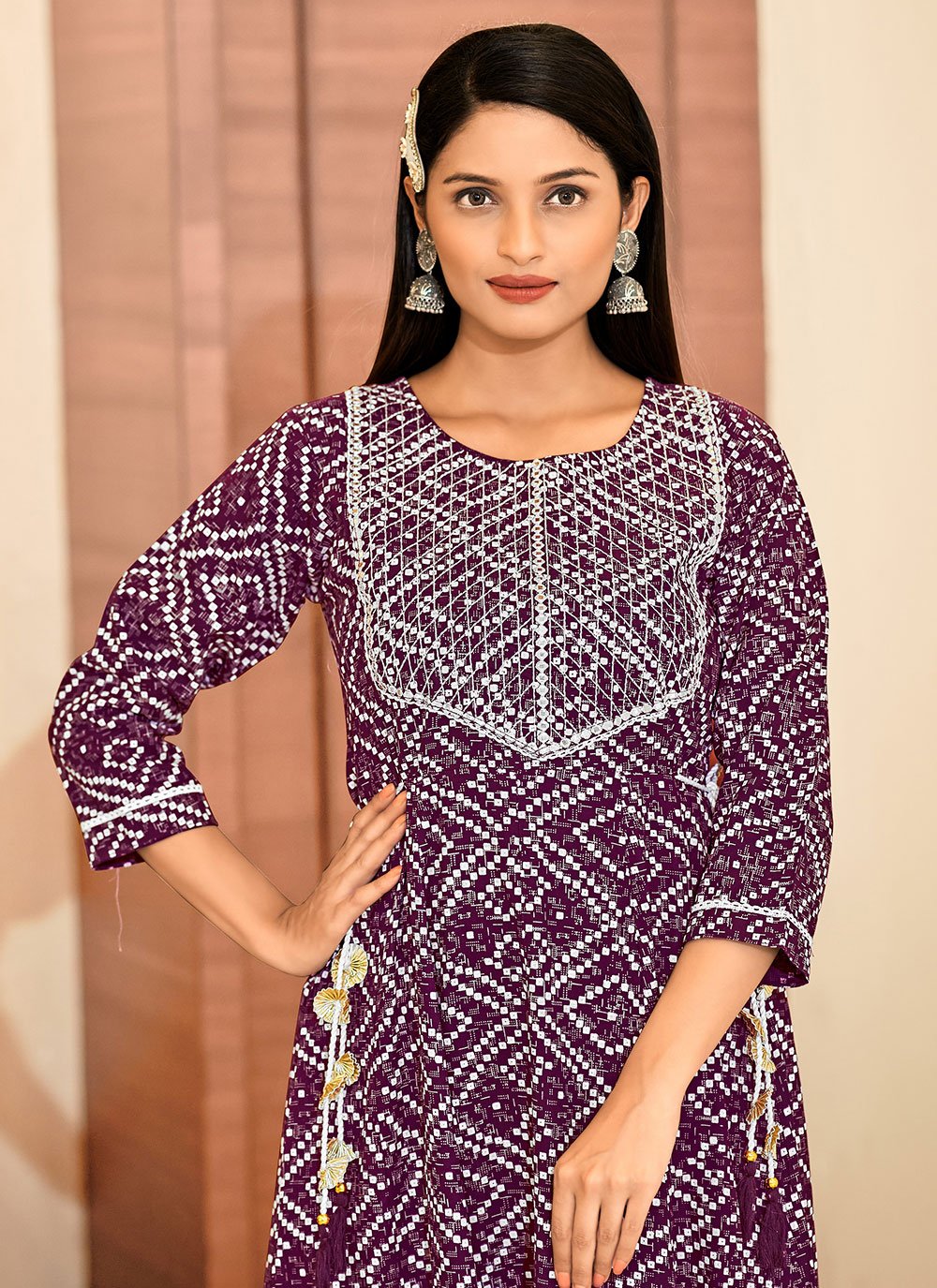 Party Wear Kurti Rayon Purple Bandhej Kurtis