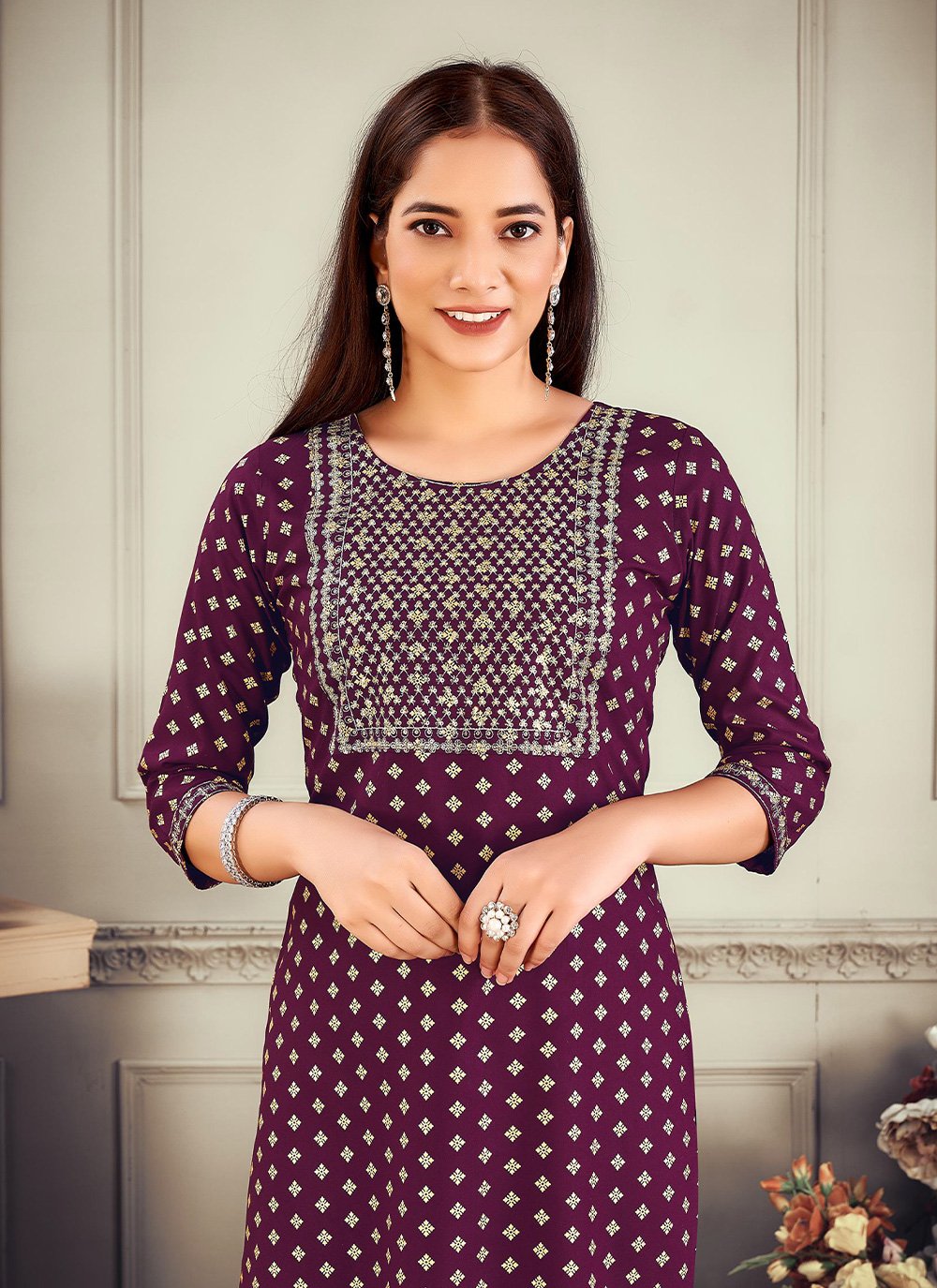 Party Wear Kurti Rayon Purple Embroidered Kurtis