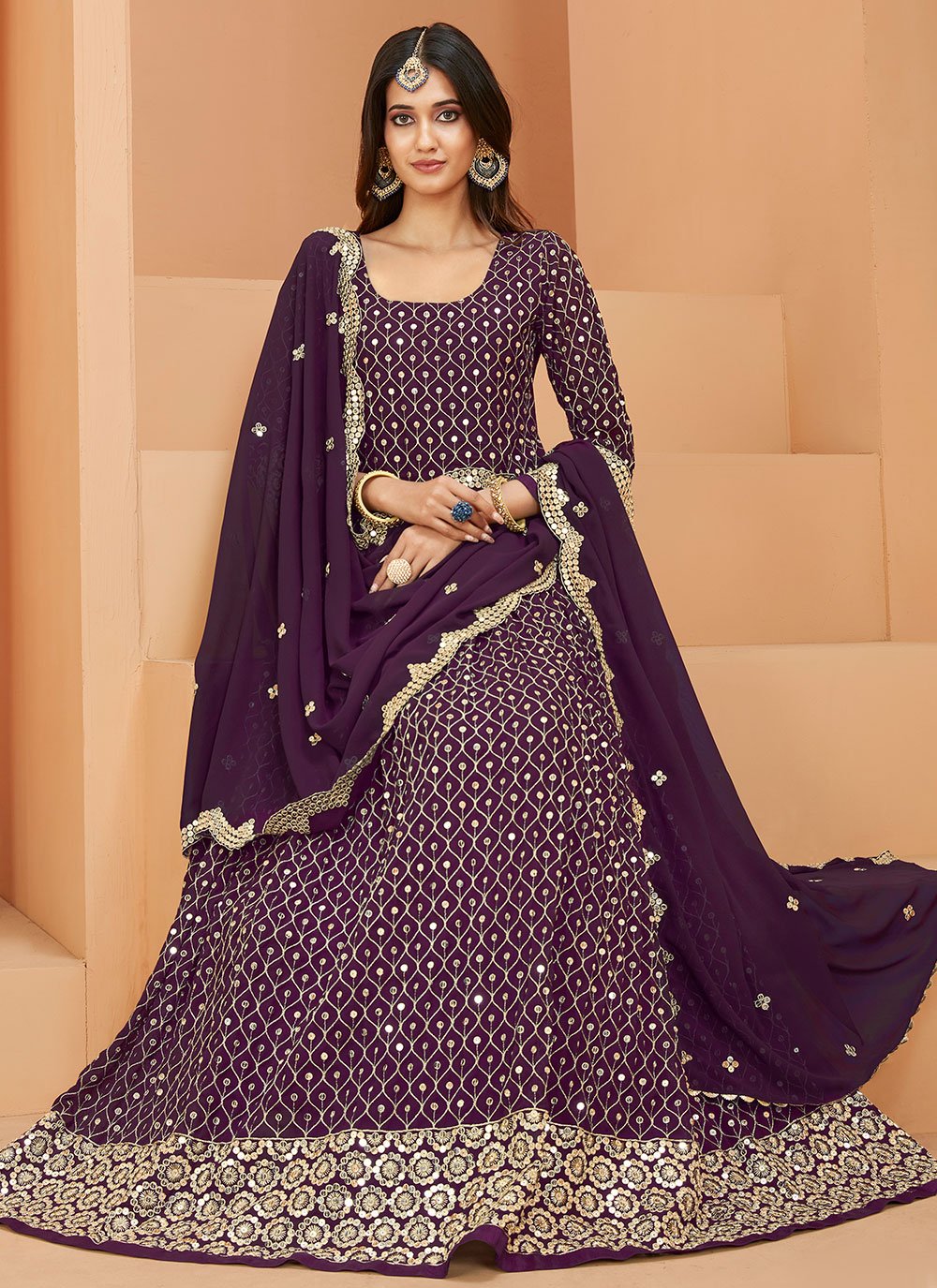 Anarkali Suit Faux Georgette Purple Embroidered Salwar Kameez