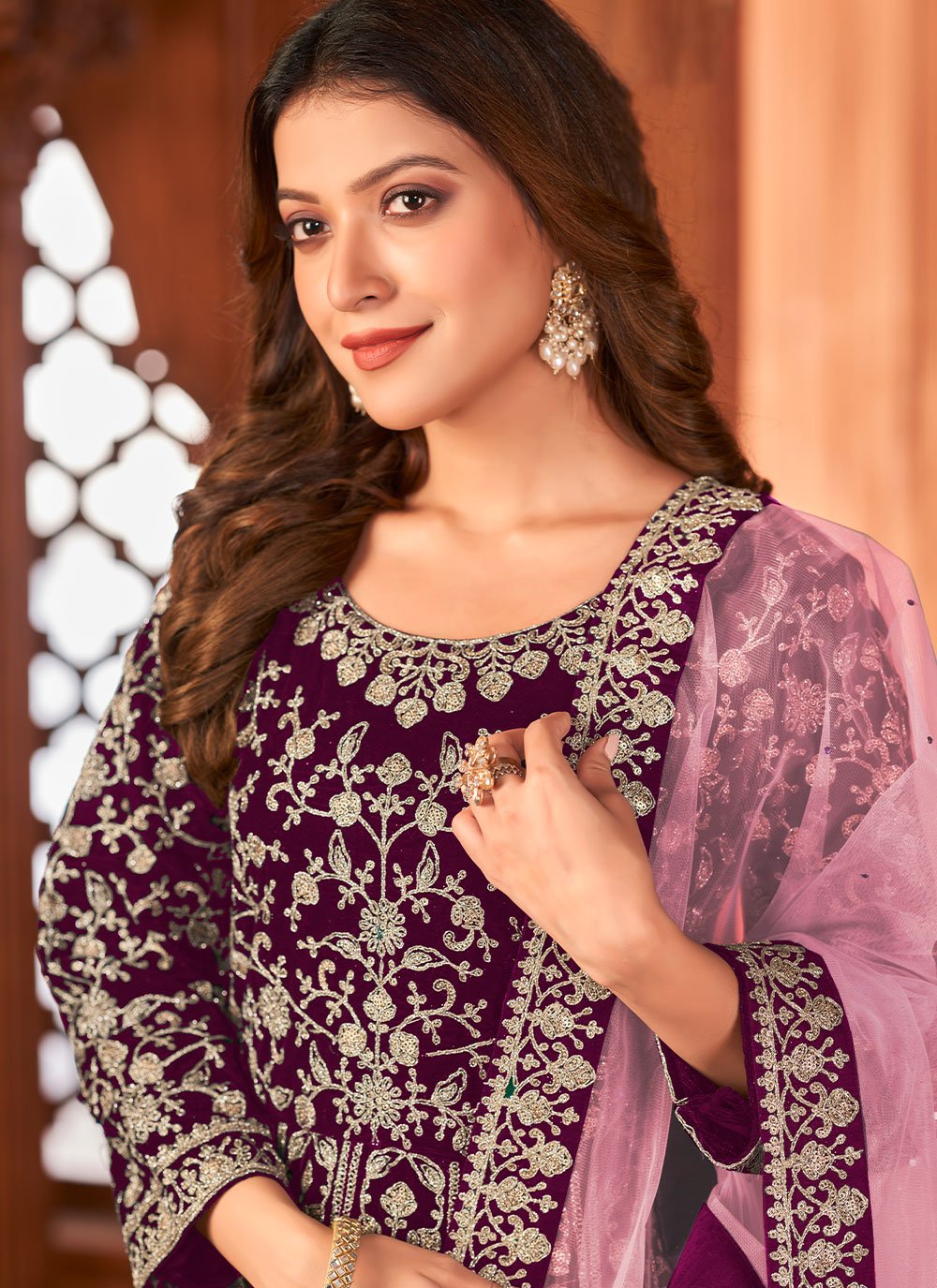 Salwar Suit Velvet Purple Embroidered Salwar Kameez