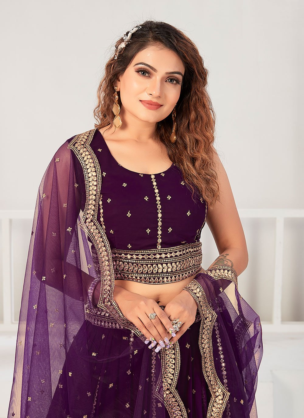 A Line Lehenga Georgette Viscose Purple Embroidered Lehenga Choli