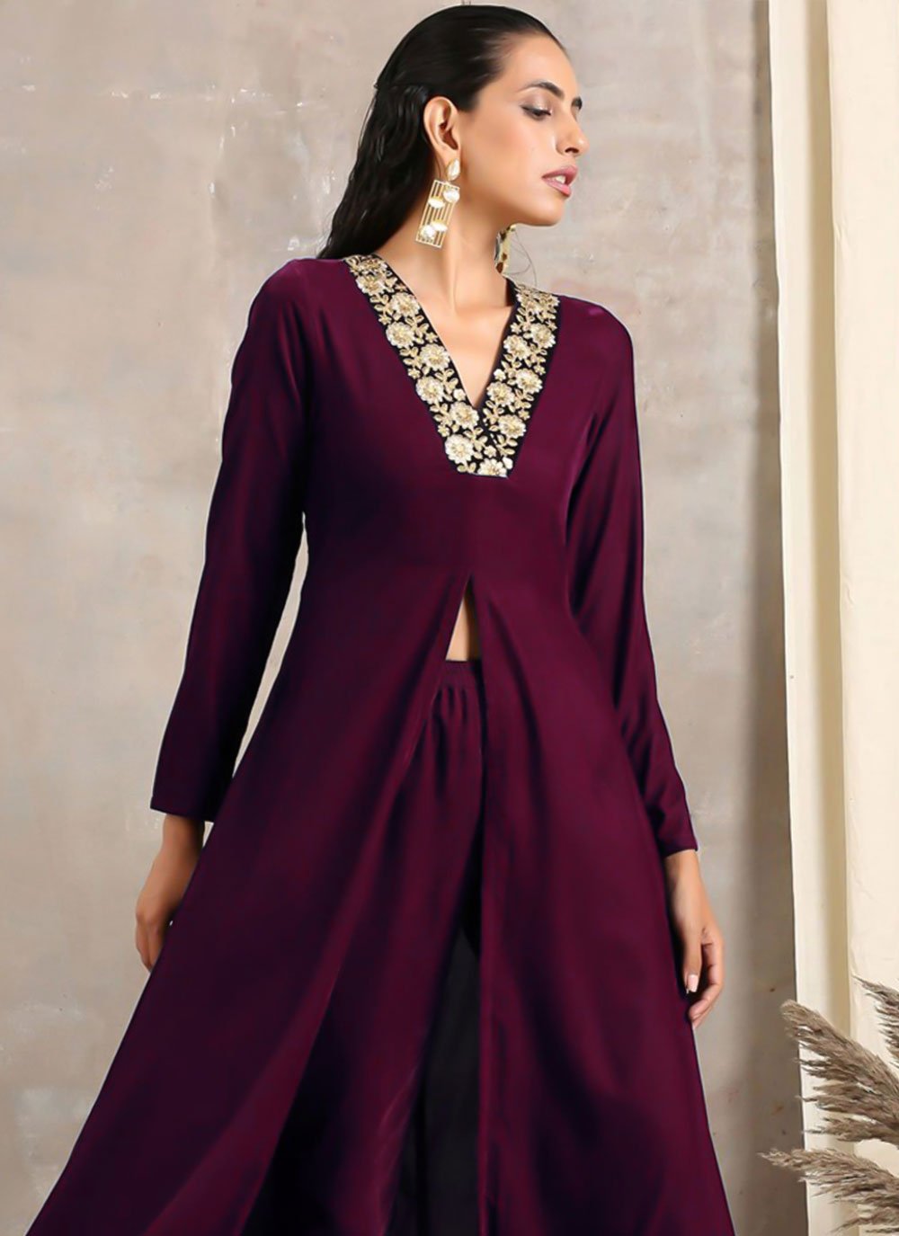 Casual Kurti Velvet Purple Embroidered Kurtis