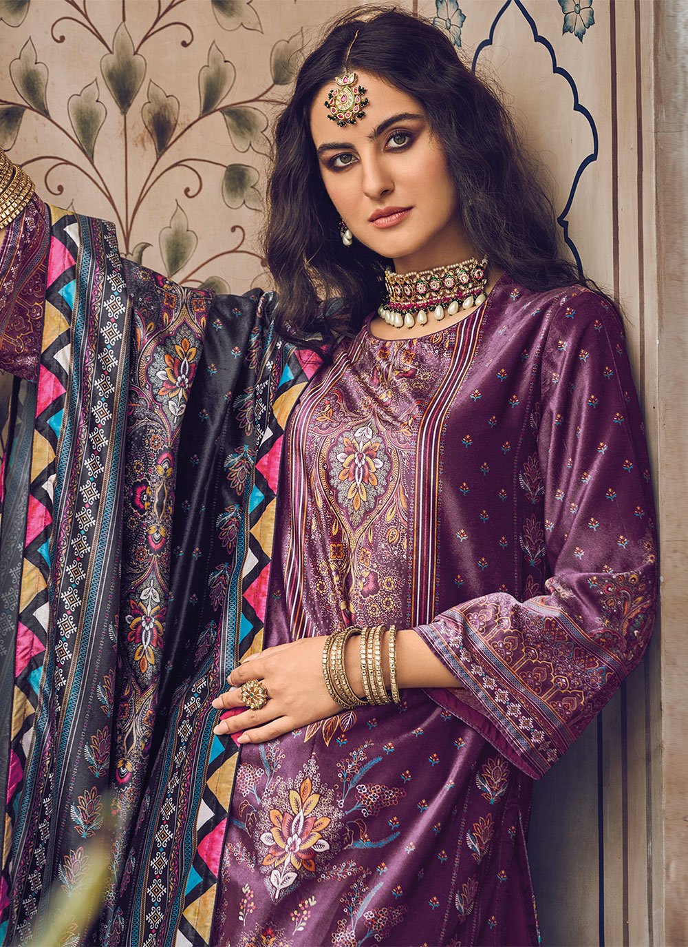 Palazzo Salwar Suit Velvet Purple Digital Print Salwar Kameez