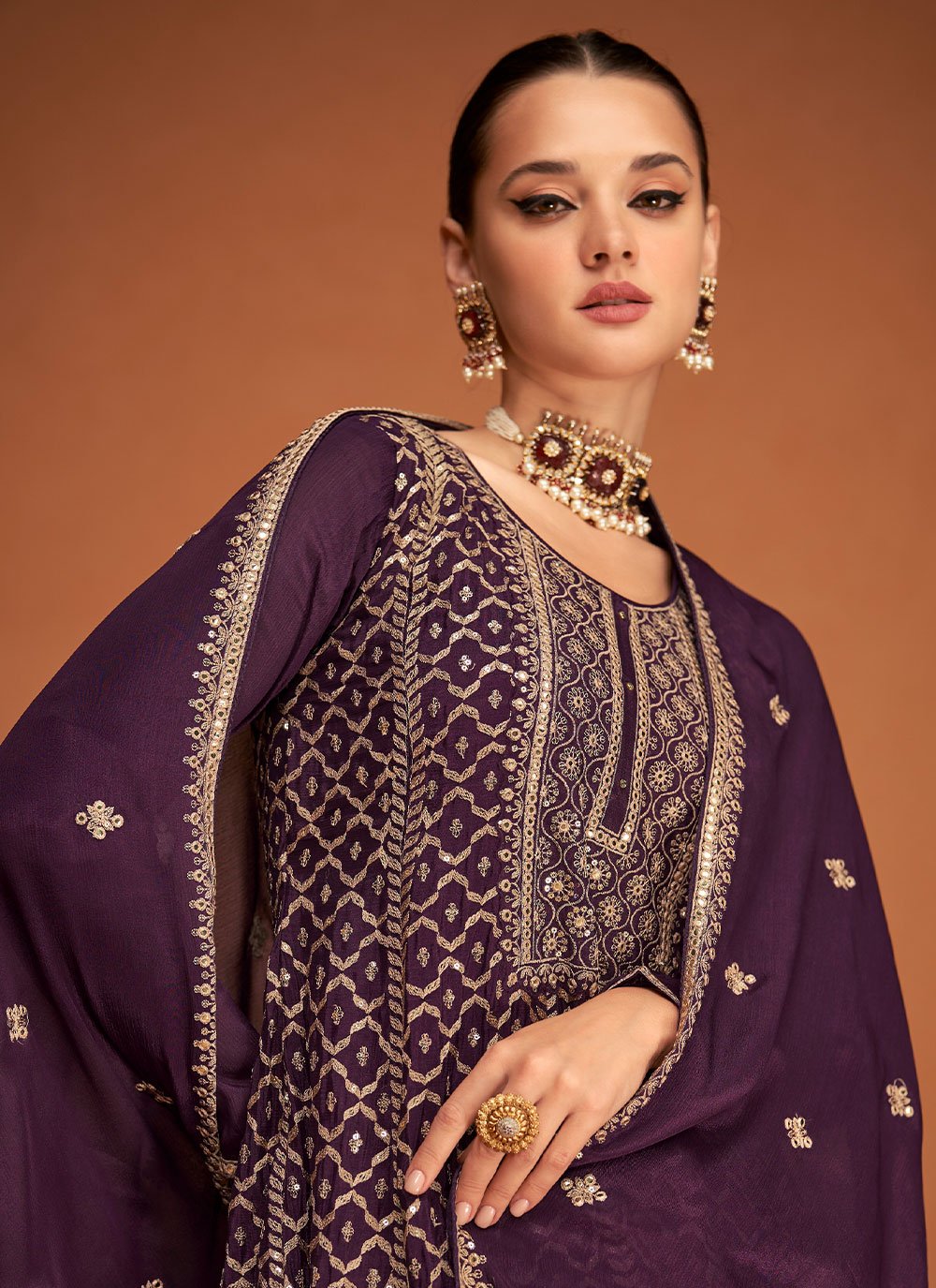 Palazzo Salwar Suit Chinon Silk Purple Buttons Salwar Kameez