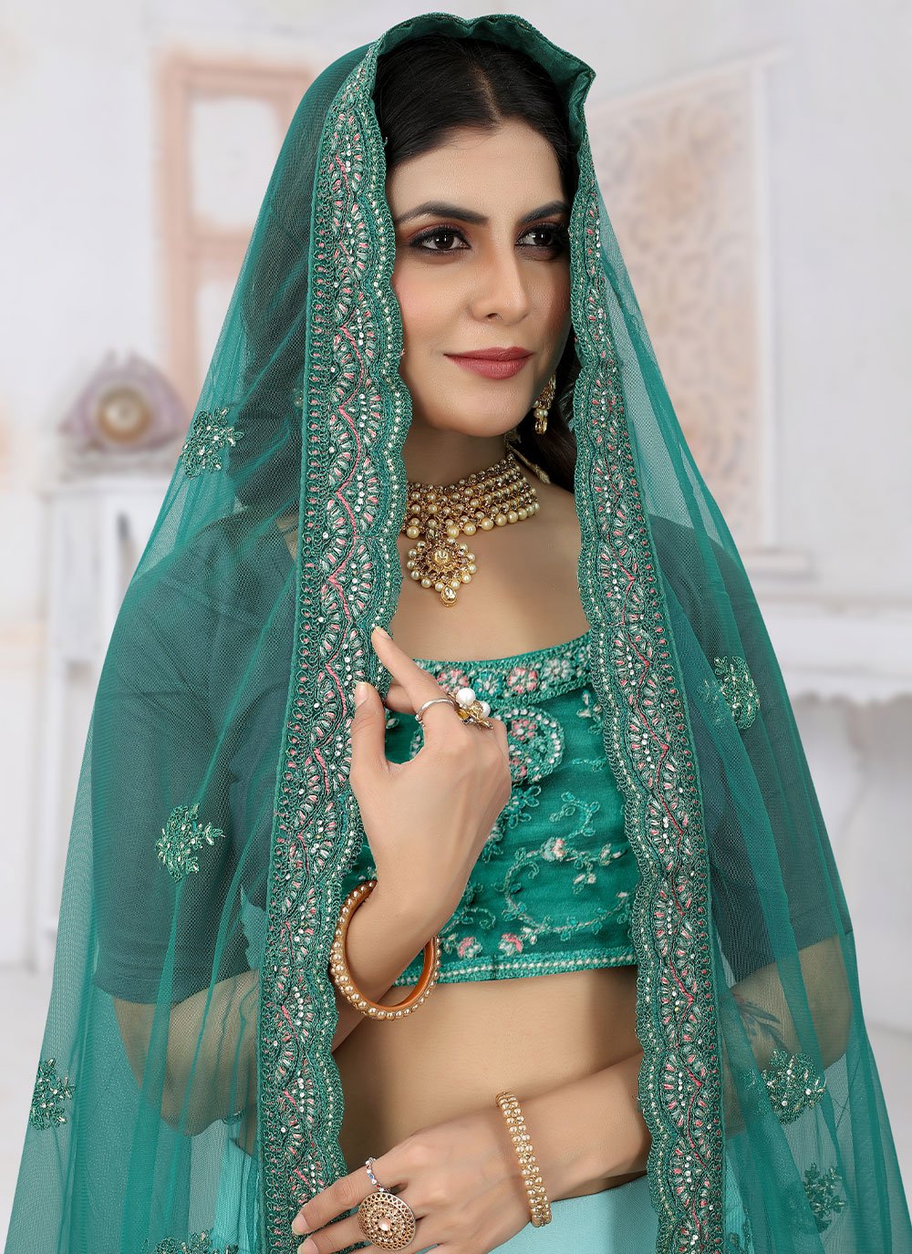 Lehenga Choli Net Rama Embroidered Lehenga Choli
