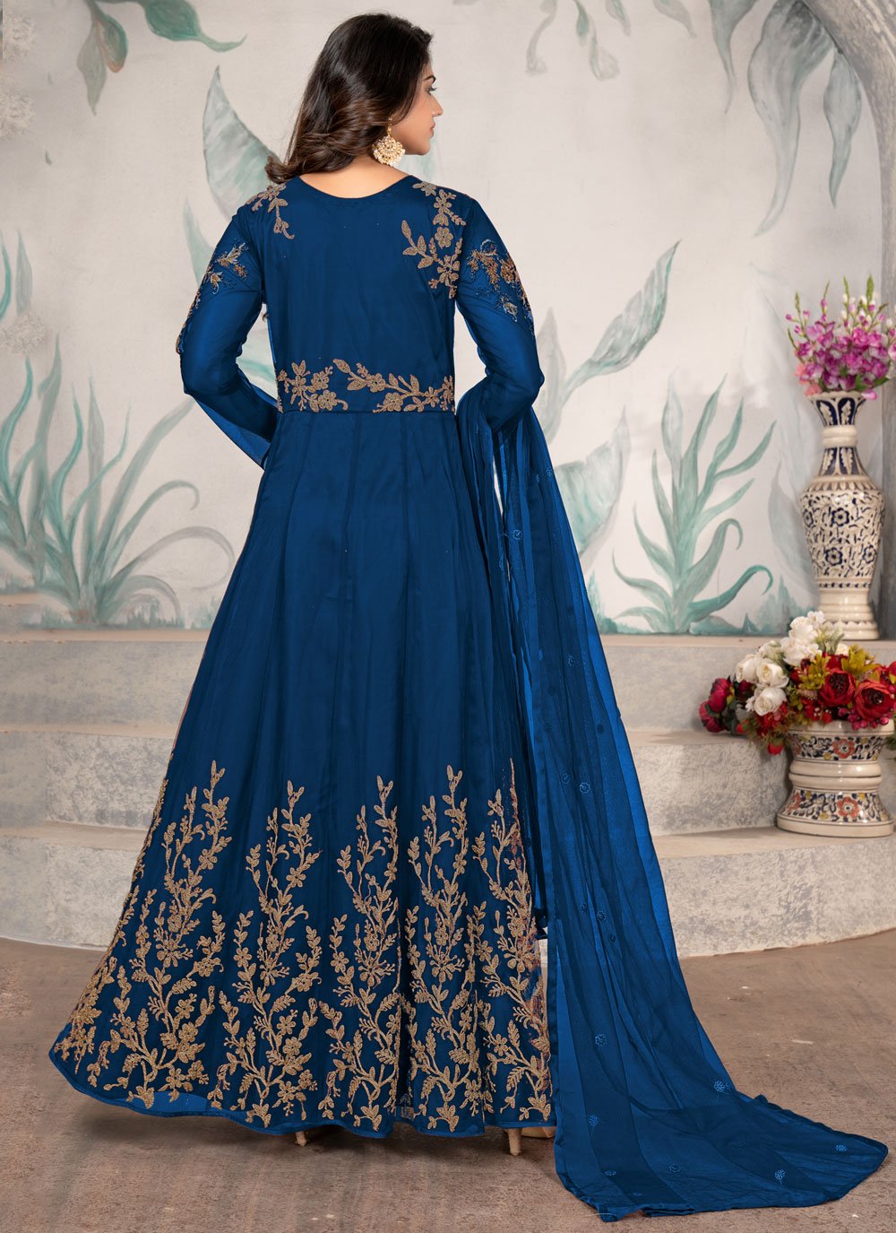 Salwar Suit Net Rama Embroidered Salwar Kameez