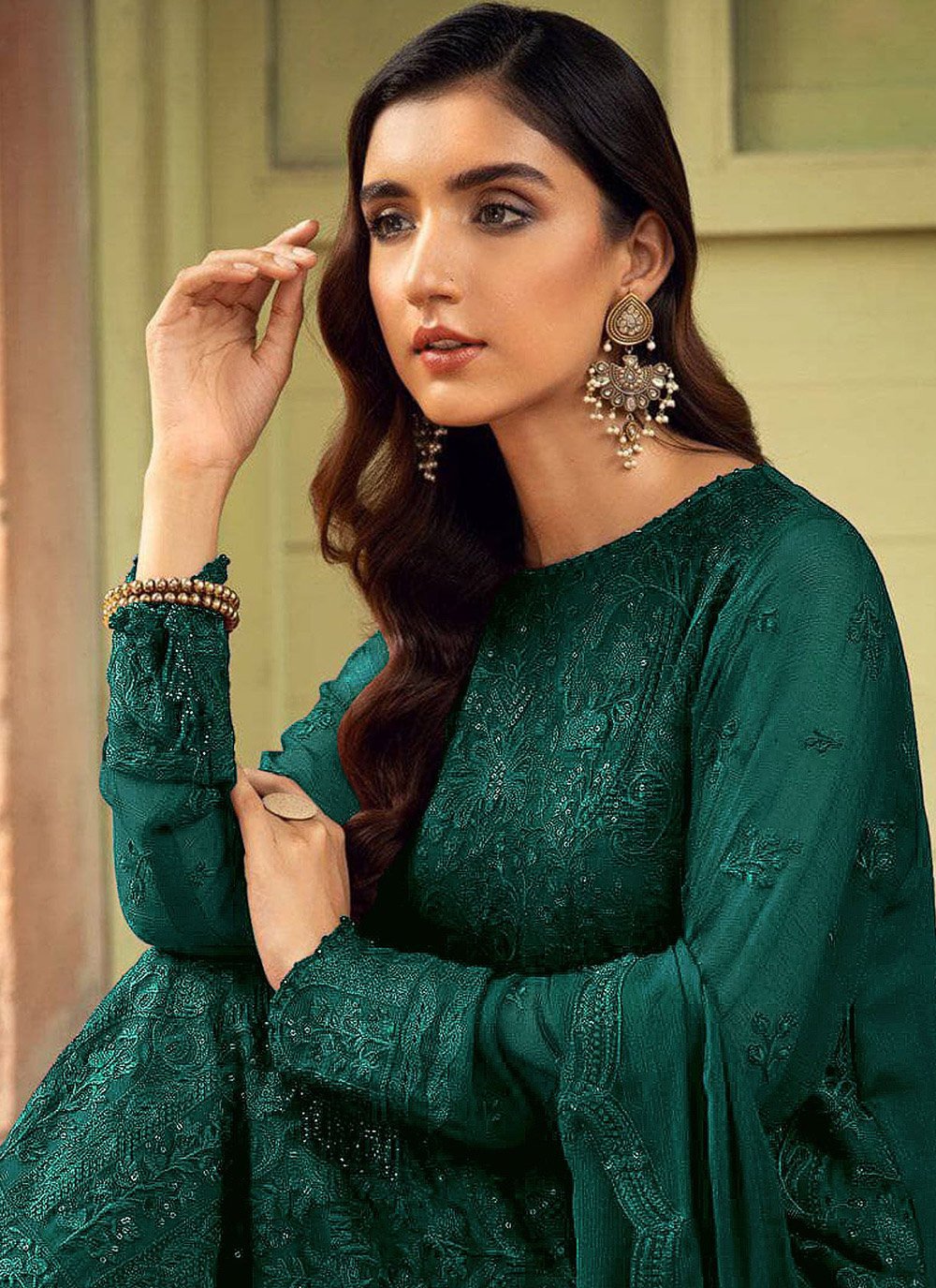 Straight Salwar Suit Faux Georgette Rama Embroidered Salwar Kameez