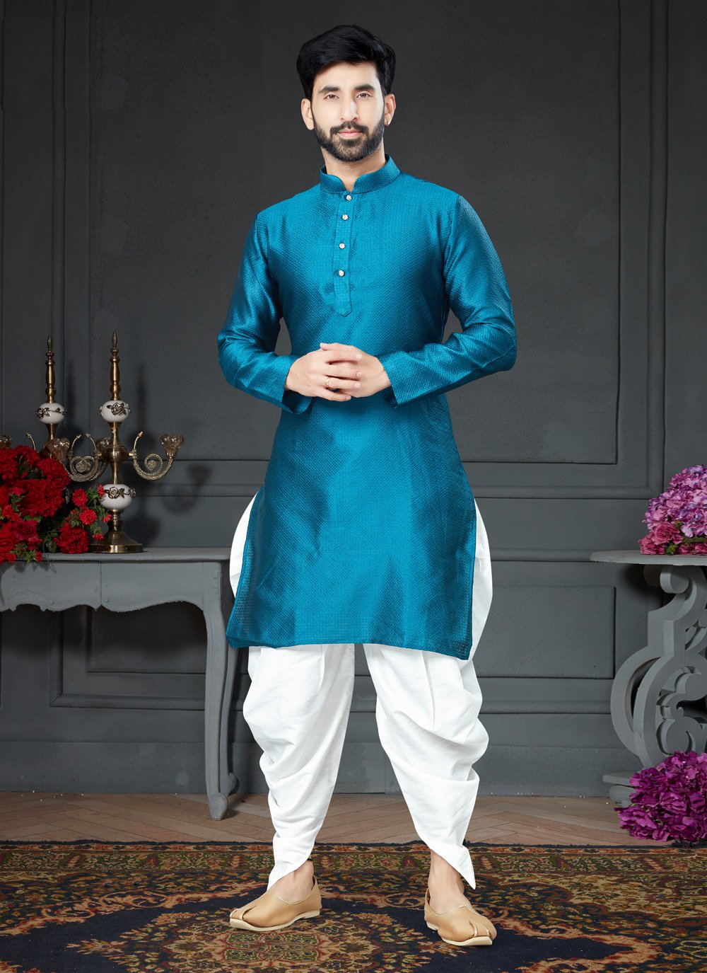 Dhoti Kurta Silk Rama Woven Mens