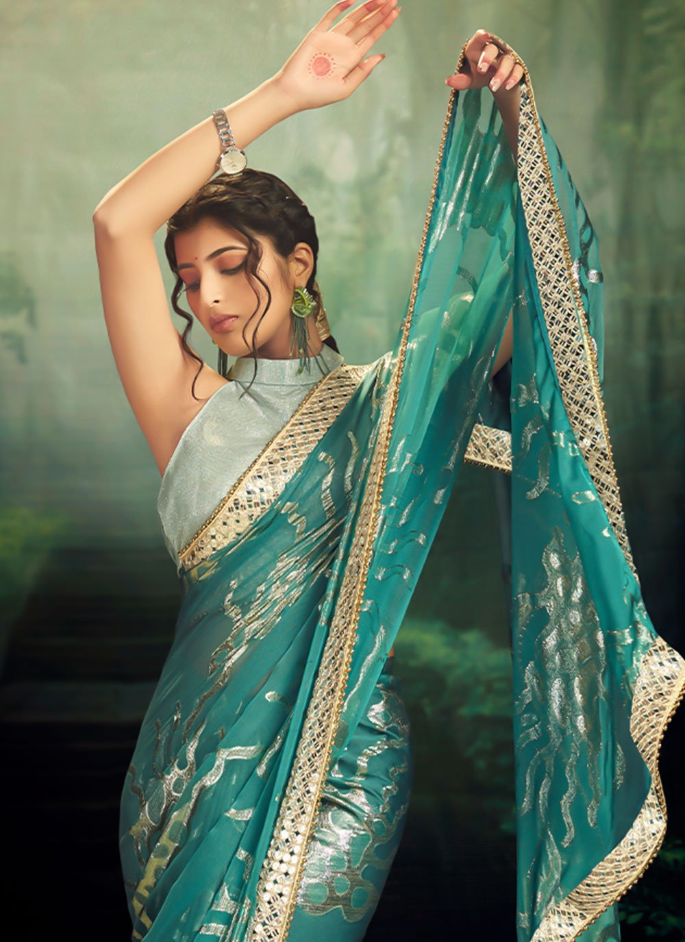 Classic Jacquard Rangoli Teal Fancy Work Saree