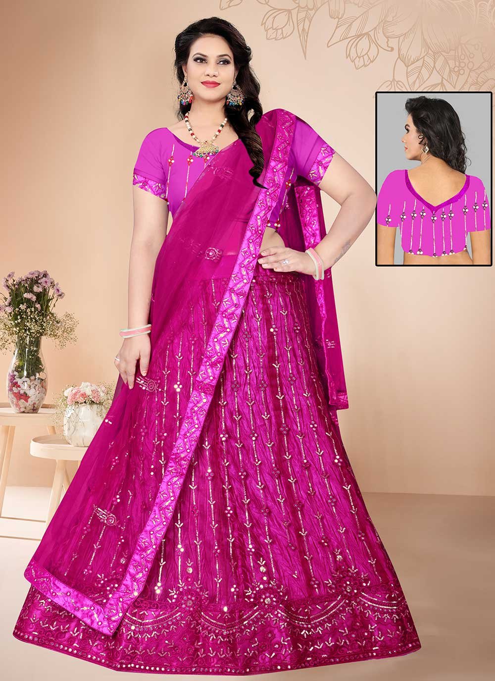 Lehenga Choli Net Rani Embroidered Lehenga Choli