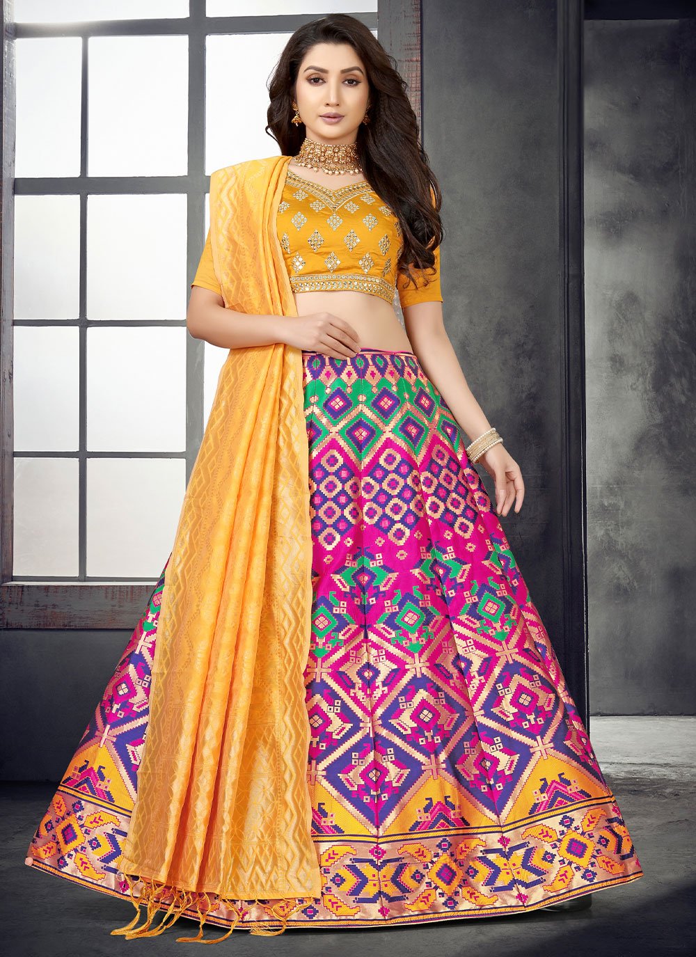 A Line Lehenga Banarasi Silk Rani Mirror Lehenga Choli