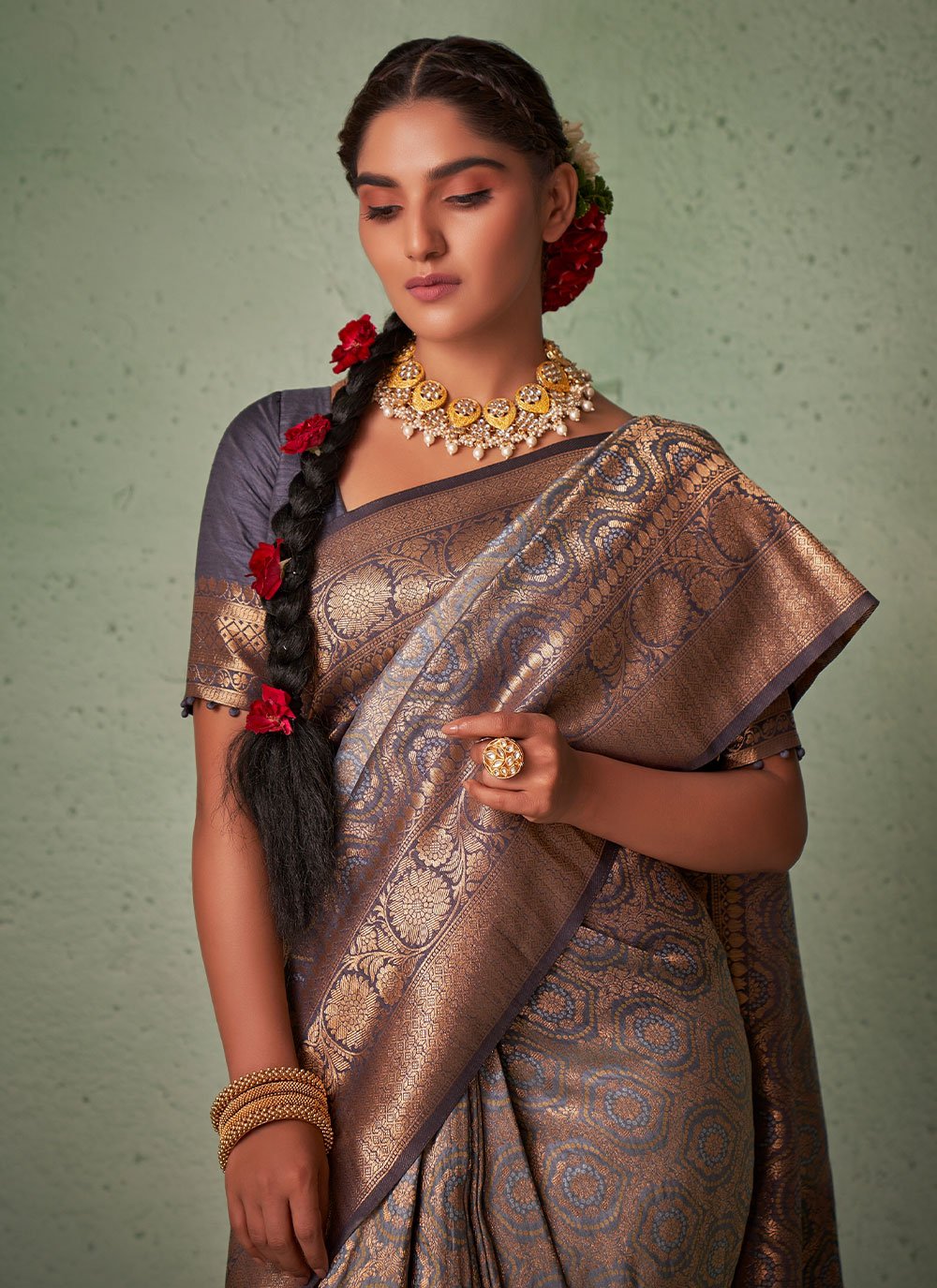 Traditional Saree Raw Silk Grey Weaving Saree