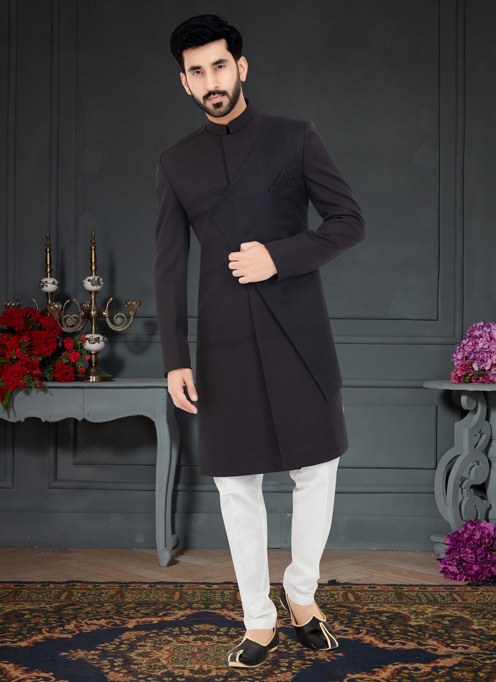 Indo Western Rayon Black Blue Fancy Work Mens