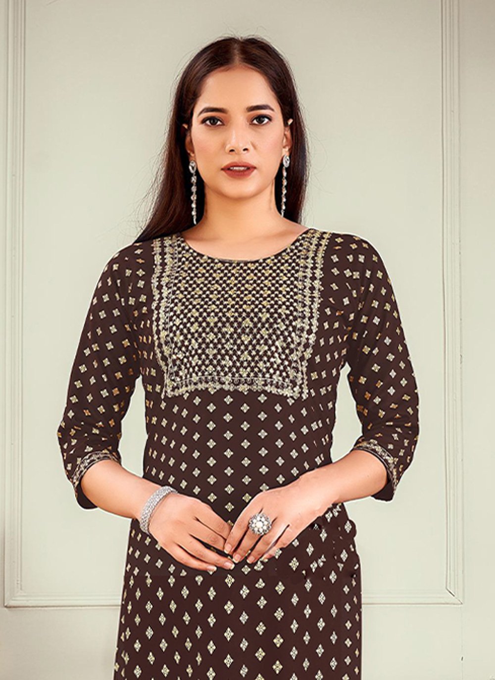 Party Wear Kurti Rayon Brown Embroidered Kurtis