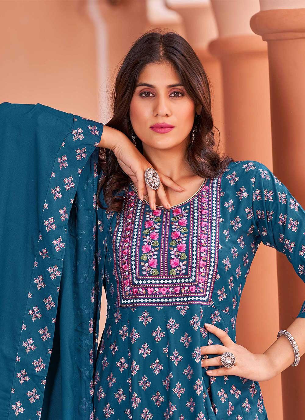 Gown Rayon Teal Embroidered Gown