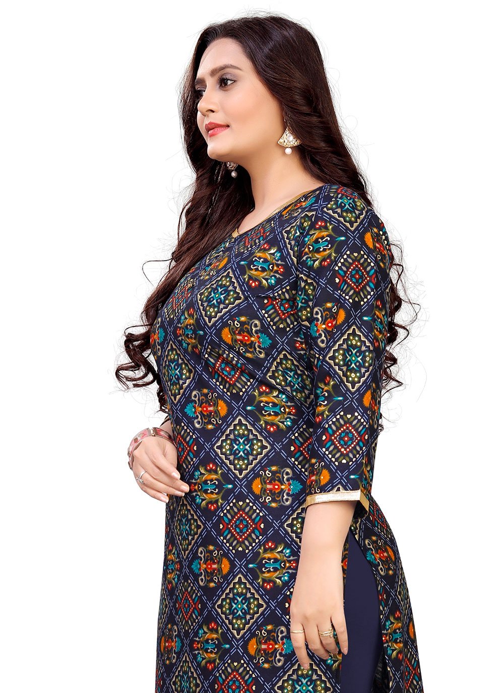 Designer Kurti Rayon Blue Foil Print Kurtis