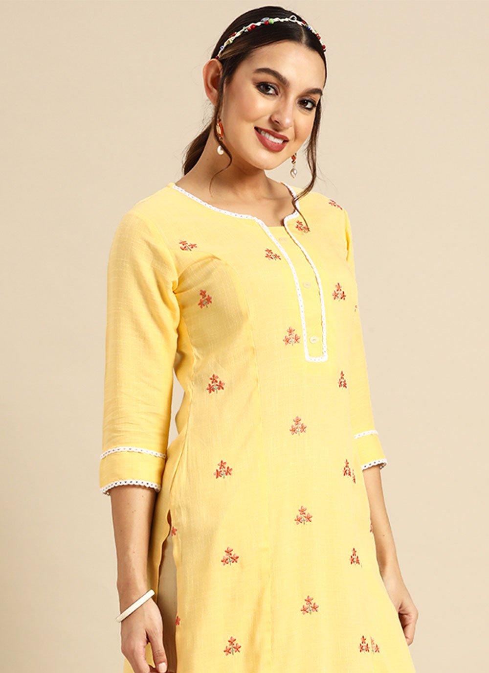 Designer Kurti Rayon Yellow Embroidered Kurtis