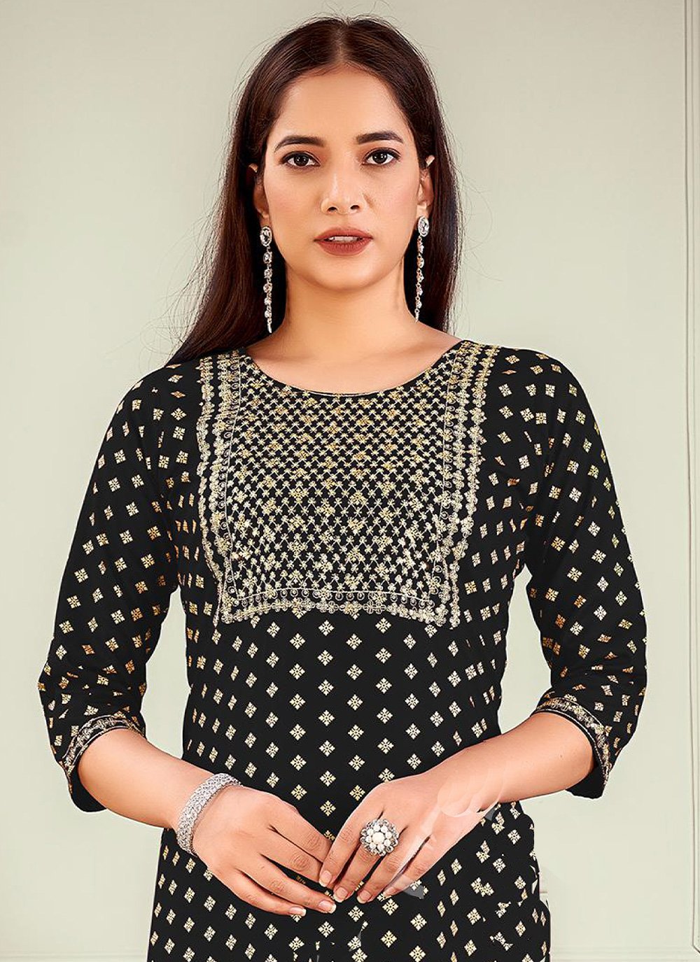 Designer Kurti Rayon Black Embroidered Kurtis