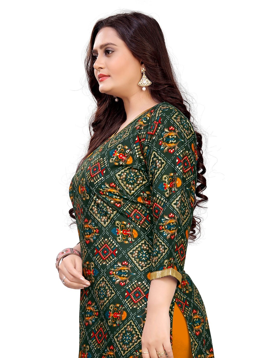 Party Wear Kurti Rayon Green Foil Print Kurtis
