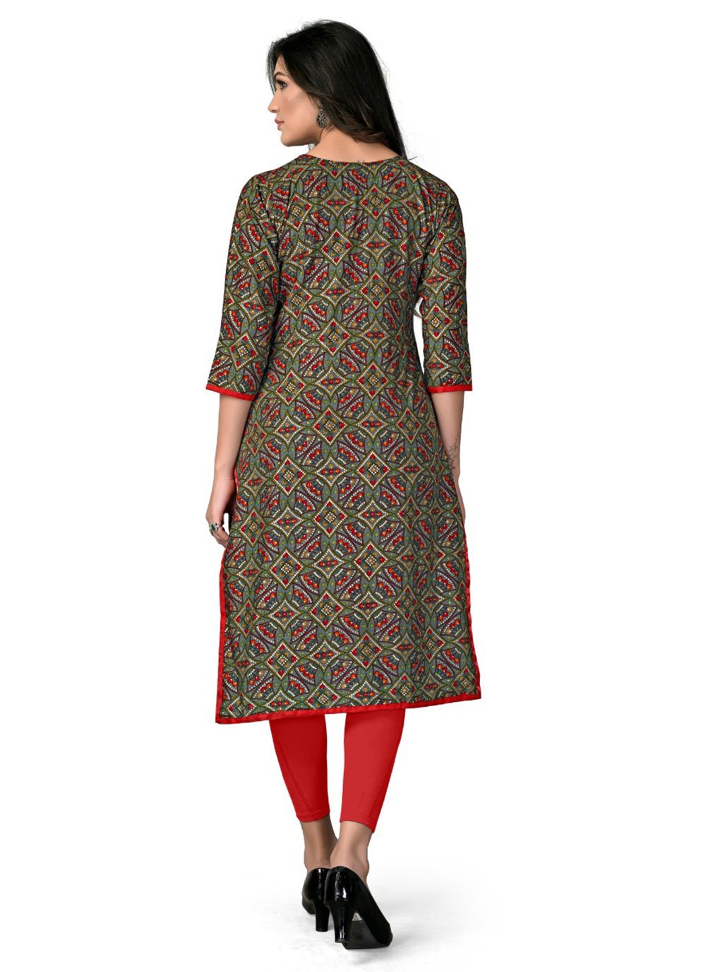 Party Wear Kurti Rayon Green Foil Print Kurtis