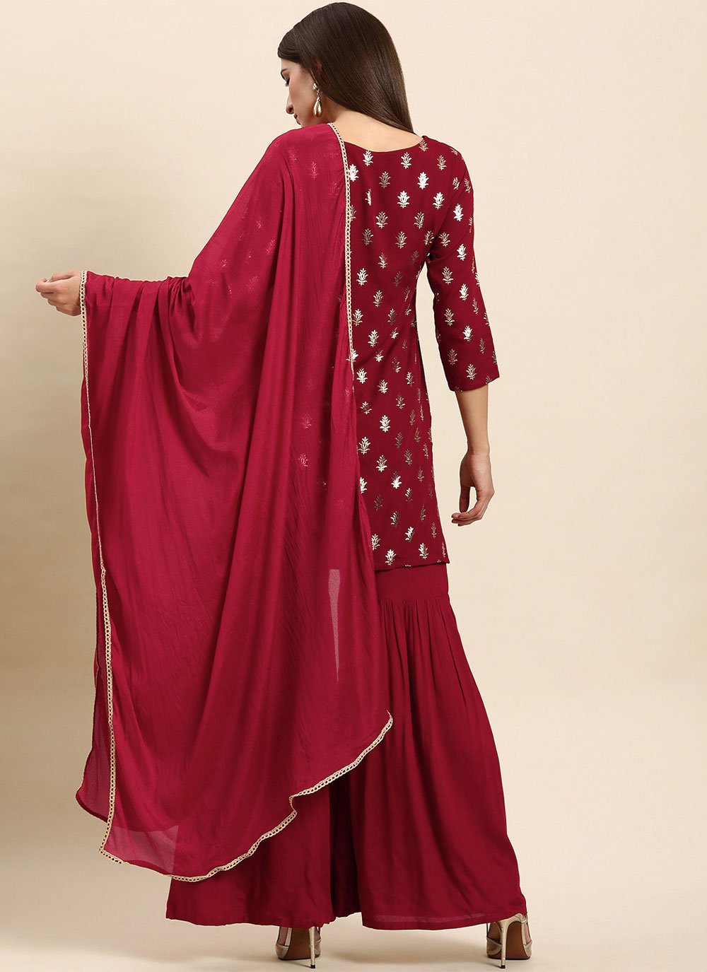 Salwar Suit Rayon Wine Foil Print Salwar Kameez