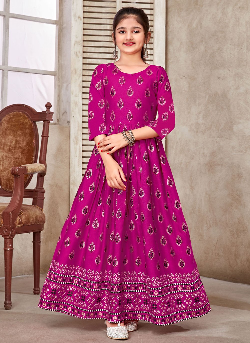 Gown Rayon Pink Foil Print Kids