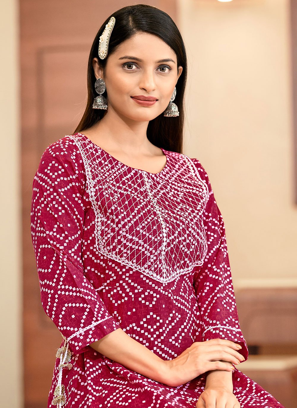 Casual Kurti Rayon Magenta Bandhej Kurtis