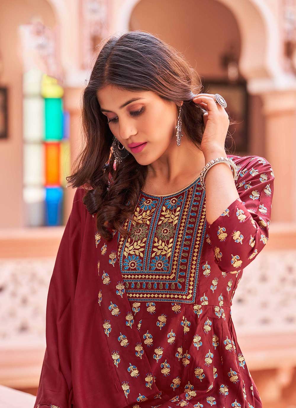 Designer Gown Rayon Maroon Embroidered Gown