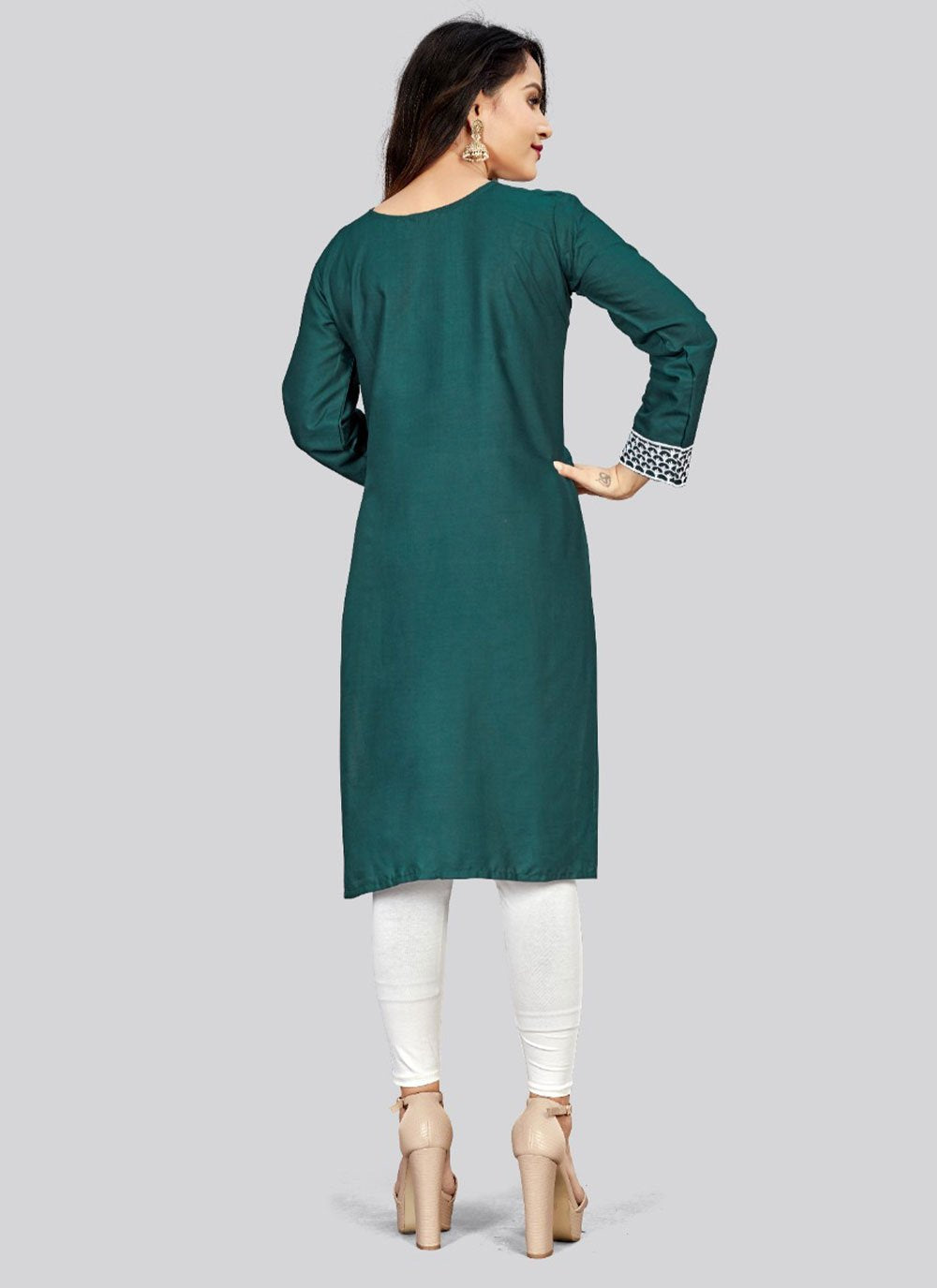 Party Wear Kurti Rayon Green Embroidered Kurtis