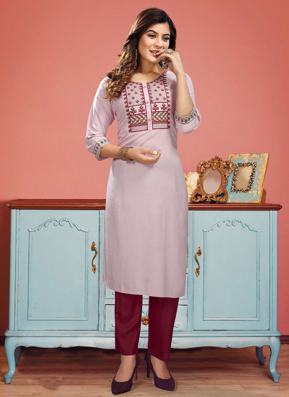 Party Wear Kurti Rayon Mauve Embroidered Kurtis