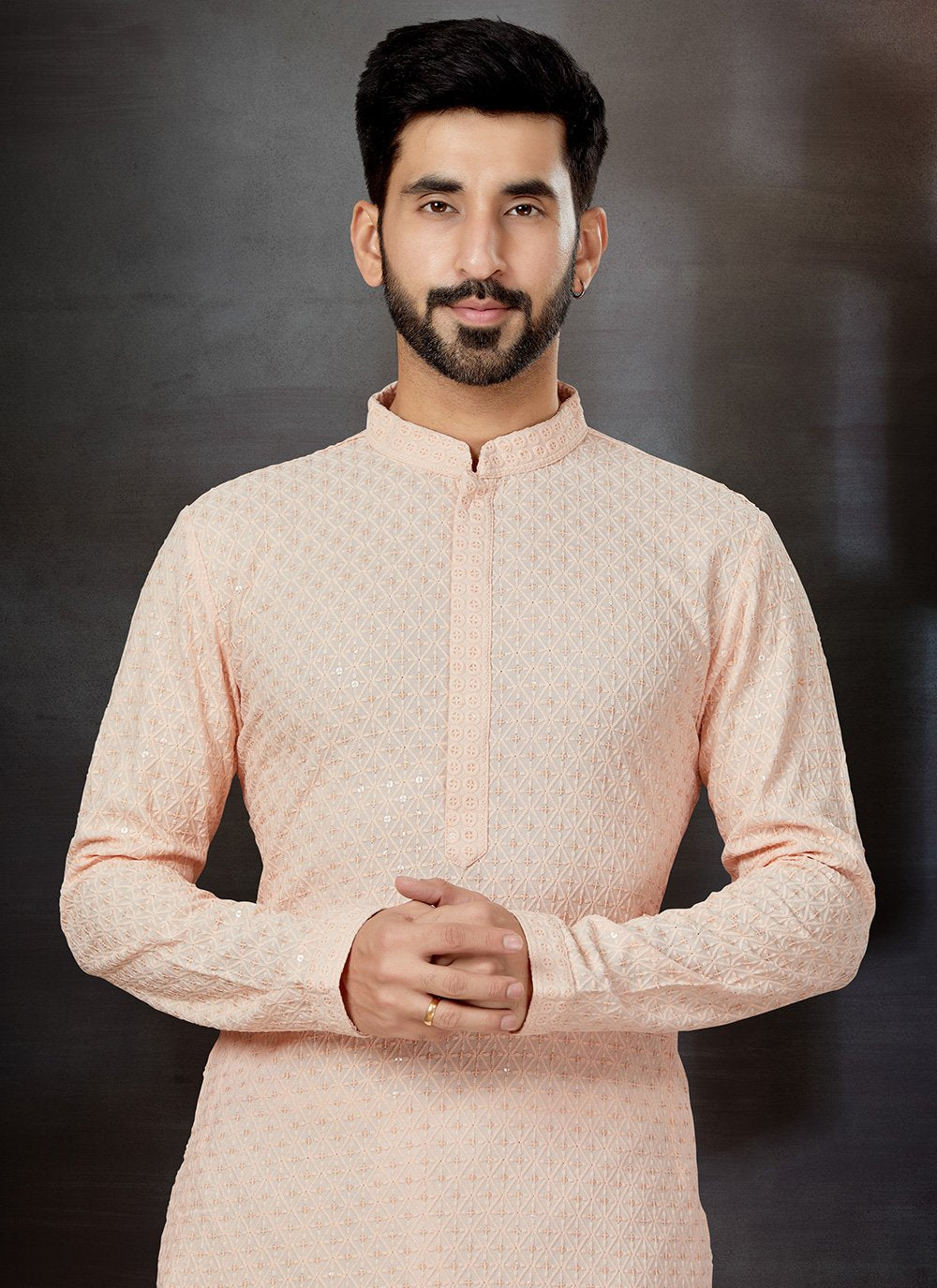 Kurta Pyjama Rayon Peach Lucknowi Work Mens